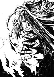  1boy belt buckle cloak commentary_request final_fantasy final_fantasy_vii frown greyscale hakuseki headband highres looking_to_the_side md5_mismatch messy_hair monochrome torn_clothes vincent_valentine 