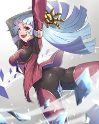  absurdres ass ass_focus belt blue_hair bodysuit breasts female gloves highres ice kula_diamond long_hair looking_at_viewer medium_breasts purple_eyes qome simple_background smile the_king_of_fighters white_background zipper 