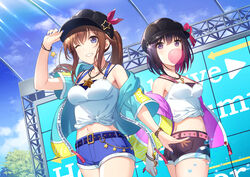  2girls ;) akanebi alternate_costume azki_(hololive) bare_shoulders black_headwear blue_eyes blue_jacket bracelet breasts brown_hair chewing_gum collarbone cowboy_shot day grin highres hololive jacket jewelry long_hair medium_breasts midriff multiple_girls nail_polish necklace one_eye_closed open_clothes open_jacket open_mouth outdoors ponytail purple_eyes purple_jacket revision shirt short_hair short_shorts shorts sidelocks smile teeth tied_shirt tokino_sora virtual_youtuber white_shirt yellow_jacket 