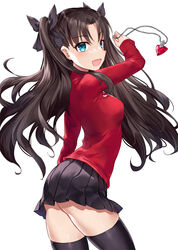  asle black_hair black_ribbon black_thighhighs blush fate/stay_night fate_(series) female green_eyes hair_ribbon jewelry long_hair miniskirt necklace open_mouth ribbon simple_background skirt solo thighhighs tohsaka_rin twintails white_background zettai_ryouiki 