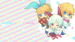  1bitheart 2boys alicemare allen_llewellyn blonde_hair blue_eyes blue_ribbon book chibi colorful creature crossover efina female hair_ribbon highres lieat miwasiba multiple_boys multiple_crossover nanase_yoshi red_eyes ribbon source_request sparkle star_(symbol) white_hair yellow_eyes 