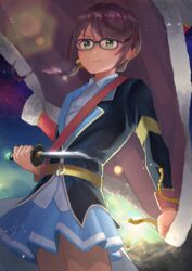  1_kozin absurdres backlighting blue_skirt cape female glasses green_eyes highres holding holding_knife hoshimi_junna knife lens_flare long_sleeves looking_at_viewer medium_hair purple_hair shoujo_kageki_revue_starlight skirt solo standing uniform 