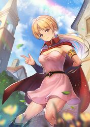  blonde_hair breasts brown_eyes cape closed_mouth cloud dragon_quest dragon_quest_dai_no_daibouken dress earrings female highres house jewelry long_hair looking_at_viewer princess_leona rainbow skirt smile solo yappo_(point71) 