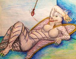  aeveirra breasts dragon female female_only hypnosis lying mind_control on_back scalie side_view sleepy solo submissive topless traditional 