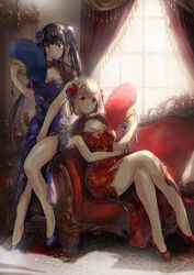  2girls alternate_costume black_hair blonde_hair blue_dress blue_footwear blush breasts bun_cover china_dress chinese_clothes cleavage cleavage_cutout closed_mouth clothing_cutout couch crossed_legs curtains dress folding_fan full_body gold_trim hand_fan high_heels highres holding holding_fan inoue_takina large_breasts legs long_hair lycoris_recoil matsukura_nemu medium_breasts multiple_girls nishikigi_chisato purple_eyes red_eyes red_footwear red_ribbon ribbon short_hair short_sleeves side_slit sitting smile tassel twintails window 