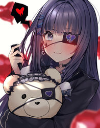  aiba_uiha aiba_uiha_(3rd_costume) black_choker black_shirt blurry blurry_background blurry_foreground blush broken_heart choker closed_mouth commentary_request depth_of_field earrings eyepatch facial_mark female heart heart-shaped_pupils heart_choker heart_o-ring heart_print holding holding_knife holding_weapon hugging_object jewelry knife long_sleeves looking_at_viewer nijisanji shirt simple_background smile solo spoken_heart stuffed_animal stuffed_toy symbol-shaped_pupils teddy_bear virtual_youtuber weapon white_background yandere yuyu_(yuyuworks) 