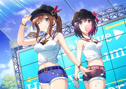  2girls ;) akanebi alternate_costume azki_(hololive) bare_arms bare_shoulders black_headwear blue_eyes bracelet breasts brown_hair chewing_gum collarbone cowboy_shot day grin highres hololive jewelry long_hair md5_mismatch medium_breasts midriff multiple_girls nail_polish necklace one_eye_closed open_mouth outdoors ponytail purple_eyes revision shirt short_hair short_shorts shorts sidelocks smile teeth tied_shirt tokino_sora virtual_youtuber white_shirt 