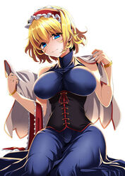  alice_margatroid bangle bare_shoulders black_corset blonde_hair blue_dress blue_eyes blush bracelet breasts capelet closed_mouth collared_dress commentary_request corset cross-laced_clothes dress female frilled_hairband frills full_body hair_between_eyes hairband head_tilt highres impossible_clothes impossible_dress jewelry large_breasts lolita_hairband looking_at_viewer red_hairband rihito_(usazukin) seiza short_hair simple_background sitting sleeveless sleeveless_dress solo sweatdrop touhou underbust undressing white_background white_capelet 