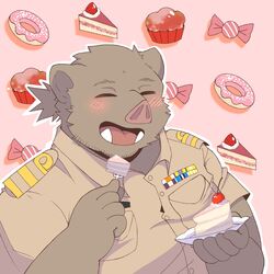  1:1 2022 anthro blush brown_body cake candy closed_eyes clothing dessert doughnut food hi_res humanoid_hands kemono male mammal overweight overweight_male pastry shirt solo suid suina sus_(pig) topwear whitebeast20 wild_boar 