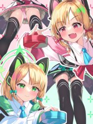  2girls absurdres air_hockey animal_ear_headphones animal_ears ass black_shorts black_thighhighs blonde_hair blue_archive blush cat_ear_headphones cat_ears cat_tail coat fake_animal_ears fake_tail from_below green_eyes green_panties halo headphones highres hosigarasu22 legs midori_(blue_archive) momoi_(blue_archive) multiple_girls multiple_views oerba_yun_fang open_mouth panties pantyshot pink_panties red_eyes shirt short_hair shorts siblings sisters skirt tail thighhighs thighs twins underwear upshorts upskirt white_coat white_shirt 