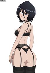  absurdres ass black_bra black_choker black_hair black_panties black_thighhighs bleach blue_eyes bra choker duplicate female garter_straps highres kuchiki_rukia lingerie looking_back mistowing panties pixel-perfect_duplicate short_hair simple_background smile solo thighhighs thong underwear v-shaped_eyebrows white_background 