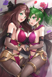  2girls :d :o alternate_costume asymmetrical_docking bare_shoulders black_legwear black_ribbon breast_press breasts brown_hair cleavage commentary dancer dorothea_arnault dorothea_arnault_(plegian) earrings fire_emblem fire_emblem:_genealogy_of_the_holy_war fire_emblem:_three_houses fire_emblem_heroes flower gonzarez green_eyes green_hair hair_ornament hair_ribbon hand_on_another&#039;s_hip highres holding_hands jewelry large_breasts lene_(fire_emblem) lene_(plegian)_(fire_emblem) loincloth long_hair multiple_girls nail_polish navel open_mouth pantyhose ponytail purple_flower purple_rose ribbon rose sideboob skin_tight smile stomach thighs 