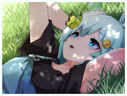  animal_ears arms_behind_head black_shirt blue_eyes bug butterfly dated female gashitani grass green_hair hair_ornament hairclip highres horse_ears horse_girl lying on_back on_grass outdoors overalls seiun_sky_(umamusume) shirt short_hair signature umamusume 