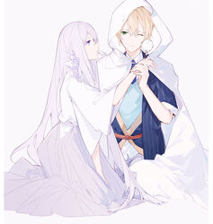  1boy bangs blonde_hair blue_eyes cloak female female_saniwa_(touken_ranbu) flower hair_flower hair_ornament hakama highres holding holding_hand hood hood_up hooded_cloak jacket japanese_clothes kimono kneeling long_hair long_sleeves looking_at_another miyuki_(miyuki0529) mouth_hold one_eye_closed open_clothes open_jacket paper profile purple_hair saniwa_(touken_ranbu) sash silver_hair simple_background sweater_vest touken_ranbu very_long_hair wisteria yamanbagiri_chougi yamanbagiri_kunihiro yellow_eyes 