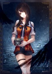  black_hair breasts brown_eyes camera closed_mouth clothing_cutout cowboy_shot fatal_frame fatal_frame_5 female head_tilt kozukata_yuuri long_hair looking_at_viewer miniskirt short_sleeves shoulder_cutout skirt solo thigh_strap wet wet_hair yusa_tk74 