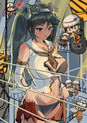  black_bra black_hair black_panties bra breasts brown_neckerchief burnt_clothes cleavage commentary_request detached_sleeves fairy_(kancolle) green_eyes highres huge_breasts isuzu_(kancolle) isuzu_kai_ni_(kancolle) kantai_collection long_hair neckerchief osananajimi_neko panties pleated_skirt red_skirt sailor_collar school_uniform serafuku skirt solo_focus twintails underwear undressing unfinished upper_body white_sailor_collar 