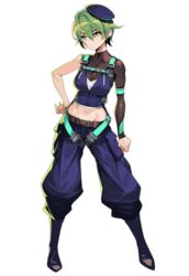  akutsu_kyoka_(dohna_dohna) arm_at_side breasts closed_mouth dohna_dohna_issho_ni_warui_koto_o_shiyou female full_body green_hair hand_on_own_hip hat medium_breasts multicolored_eyes navel official_art pants red_eyes shoes short_hair simple_background solo standing tomoyuki_kotani transparent_background 