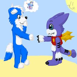  1:1 2012 :3 :3c anthro bandai_namco beach biped black_nose blue_body blue_ears blue_fur blue_hair blush border_collie canid canine canis collie cute_fangs digimon digimon_(species) dipstick_ears dipstick_tail domestic_dog duo ear_markings floppy_ears fur gao_(character) gaokun gaomon hair herding_dog looking_at_another male mammal markings multicolored_body multicolored_ears multicolored_fur multicolored_hair multicolored_skin nom pastoral_dog purple_body purple_skin sand seaside sheepdog simple_background sun tail tail_markings thought_bubble two_tone_body two_tone_ears two_tone_fur two_tone_hair two_tone_skin white_body white_ears white_fur white_hair white_skin wings 