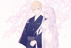  1boy aqua_eyes blonde_hair blue_kimono braid breasts couple cowboy_shot female female_saniwa_(touken_ranbu) flower hair_between_eyes hair_flower hair_ornament hair_over_shoulder happy highres holding_hands japanese_clothes kimono long_hair long_sleeves looking_at_another medium_breasts miyuki_(miyuki0529) obi petals purple_eyes purple_hair saniwa_(touken_ranbu) sash silver_hair smile straight touken_ranbu very_long_hair white_background white_kimono yamanbagiri_chougi yamanbagiri_kunihiro 