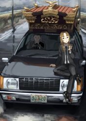  1_kozin 1boy absurdres black_footwear black_necktie brown_hair car cellphone character_request cigarette coffin female formal glasses grey_sky hearse highres license_plate motor_vehicle necktie original outdoors parted_bangs phone sitting sitting_on_car sky smoking suit united_states vehicle_focus 