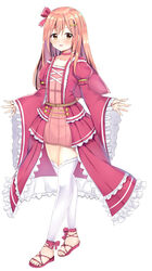  absurdres bad_id bad_pixiv_id blush bow brown_eyes brown_hair choker collarbone copyright_request dress female full_body hair_ornament hairbow hairclip highres layered_sleeves leggings long_hair long_sleeves looking_at_viewer parted_lips pink_choker pink_footwear pink_skirt pleated_skirt puffy_short_sleeves puffy_sleeves red_bow red_dress rinringyo sandals short_over_long_sleeves short_sleeves skirt sleeves_past_wrists smile solo standing white_leggings wide_sleeves 