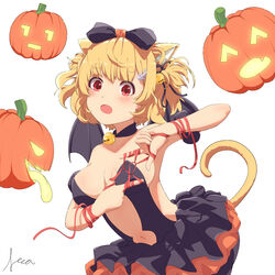  absurdres animal_ears bell blonde_hair blush breasts cat_ears cat_tail ciren_(feca) cleavage demon_girl feca female finger_frame halloween highres jack-o&#039;-lantern looking_at_viewer medium_breasts navel neck_bell open_mouth original red_eyes red_ribbon ribbon sideboob signature solo tail wings 