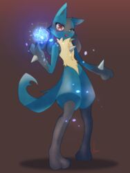  3:4 absurd_res ambiguous_gender anthro aura_sphere canid canine demira_lilian digital_drawing_(artwork) digital_media_(artwork) generation_4_pokemon hi_res lucario mammal nintendo pokemon pokemon_(species) simple_background solo 