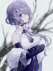  absurdres arknights bare_shoulders bare_tree black_gloves blue_eyes blurry blurry_background breasts collar commentary dress eyepatch feather_boa female gloves hair_ornament hair_over_one_eye highres holding_shawl long_hair looking_at_viewer medical_eyepatch miike_(992058) official_alternate_costume one_eye_covered parted_lips purple_dress purple_hair shawl sleeveless sleeveless_dress snowing solo tree two-tone_dress upper_body whisperain_(arknights) whisperain_(tremble_cold)_(arknights) white_dress white_shawl x_hair_ornament 