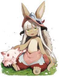  1other :3 absurdres animal_ears animal_feet barefoot blush_stickers claws colored_eyelashes commentary_request ears_through_headwear fake_horns fangs feet flower full_body furry grass green_eyes grey_hair happy headpat helmet highres horizontal_pupils horned_headwear horns long_hair looking_at_viewer made_in_abyss missing_eye mitty_(made_in_abyss) monster multicolored_pants nanachi_(made_in_abyss) on_ground one-eyed open_mouth other_focus outdoors outline pants partial_commentary pawpads pouch puffy_pants red_eyes shibainu sidelocks simple_background sitting smile tail teeth tongue tongue_out topless very_long_hair whiskers white_background white_flower 