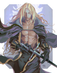  1boy abs alucard_(castlevania) bishounen black_cape black_gloves black_jacket black_pants blonde_hair bonnie_tang cape castlevania:_symphony_of_the_night castlevania_(series) castlevania_iii:_dracula&#039;s_curse chains closed_mouth commentary english_commentary gloves holding holding_sword holding_weapon jacket lips long_hair long_sleeves looking_at_viewer male_focus muscular muscular_male nipples open_clothes open_jacket pants pectorals sheath signature simple_background solo standing sword weapon yellow_eyes 