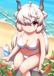  absurdres alternate_costume bare_arms bare_shoulders bikini blush breasts brown_eyes ev_(kemomimizuku) female food from_above hair_over_one_eye highres kemono_friends long_hair looking_at_viewer looking_up marine_day ox_ears ox_girl ox_horns shaved_ice sidelocks sitting smile solo stomach swimsuit twintails white_bikini white_hair yak_(kemono_friends) 