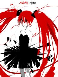  alternate_costume alternate_hair_color bim0ngsam0ng black_dress blood blood_on_face breasts character_name cleavage collarbone commentary dress eyelashes female hatsune_miku pale_skin red_eyes red_hair sleeveless sleeveless_dress small_breasts solo twintails vocaloid white_background 