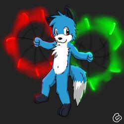  1:1 2012 anthro biped black_background black_body black_ears black_fur black_inner_ear black_nose blue_body blue_fur blue_hair canid canine canis chest_tuft digitigrade fur gaokun glowstick glowsticking glowstringing hair inner_ear_fluff looking_aside male mammal multicolored_body multicolored_fur rave red_eyes simple_background solo tuft watermark white_body white_fur wolf 