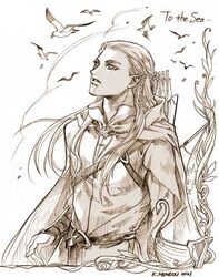  1boy arrow_(projectile) belt bird bracer braid cape commentary dated elf highres hood hood_down hooded_robe kazuki-mendou legolas long_hair male_focus monochrome parted_lips pointy_ears quiver robe seagull sepia signature solo the_lord_of_the_rings tolkien&#039;s_legendarium 