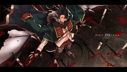  belt black_eyes black_gloves black_hair blood blood_on_weapon copyright_name earrings fingerless_gloves fingernails from_above fur_trim gloves highres jacket jacket_on_shoulders jewelry lawrence_(pixiv_fantasia_age_of_starlight) letterboxed long_fingernails long_sleeves nekomiti pants photoshop_(medium) pixiv_fantasia pixiv_fantasia_age_of_starlight planted planted_sword pointy_ears standing sword weapon whip 