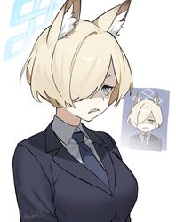  alternate_hair_length alternate_hairstyle animal_ear_fluff animal_ears blonde_hair blue_archive blue_eyes blue_halo blue_jacket blue_necktie commentary dog_ears dog_girl female formal frown halo highres jacket kanna_(blue_archive) kanna_(young)_(blue_archive) looking_at_viewer necktie official_alternate_hairstyle shaded_face sharp_teeth shirt short_hair simple_background solo suit teeth uhuhu white_background white_shirt 