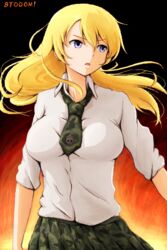  bad_source blonde_hair blue_eyes breasts btooom! female himiko_(btooom!) long_hair necktie oekaki open_mouth runaru skirt sleeves_rolled_up solo 