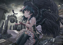  2girls :o artist_name back_bow black_feathers black_pantyhose black_wings blue_hair bow bracelet butterfly_wings cross-laced_clothes cupping_hand dress fallen_angel feathered_wings feathers flying frilled_dress frills gate gloves grey_sky group_name hair_bun hand_on_own_chest highres insect_wings jewelry kunikida_hanamaru love_live! love_live!_sunshine!! mitaiken_horizon multiple_girls one_eye_closed outdoors overcast pantyhose purple_eyes rubble ruins shadowverse shamakho single_side_bun sitting sky sleeveless sleeveless_dress solo_focus thighhighs tsushima_yoshiko white_bow wings 