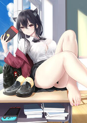  &gt;_&lt; absurdres ahoge animal_ear_fluff animal_ears azur_lane bag bare_legs barefoot black_bag black_bow black_bowtie black_footwear black_hair black_skirt blue_sky book book_stack bow bowtie bra bra_peek bra_visible_through_clothes breasts button_gap cat_ears charm_(object) classroom cleavage closed_mouth cloud collared_shirt crossed_bangs day desk feet female foot_out_of_frame glasses hair_between_eyes handheld_game_console highres holding holding_handheld_game_console honolulu_(azur_lane) honolulu_(umbrella_girl)_(azur_lane) huge_ahoge indoors jacket kemonomimi_mode knee_up large_breasts leaning_back leg_up loafers long_hair long_sleeves looking_at_object manjuu_(azur_lane) miniskirt off_shoulder official_alternate_costume on_desk open_clothes open_jacket pleated_skirt red_eyes red_jacket revision rimless_eyewear round_eyewear school_bag school_uniform see-through see-through_shirt shigatsu_(4gate) shirt shirt_tucked_in shoes sidelocks sitting skirt sky smile solo sunlight taihou_(azur_lane) taihou_(sweet_time_after_school)_(azur_lane) taut_clothes taut_shirt thighs toenails toes underwear unworn_shoes white_bra window 