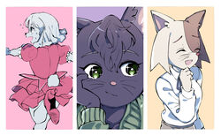  3girls :d animal_ear_fluff animal_ears bad_id bad_pixiv_id black_fur bright_pupils brown_fur cat_ears cat_girl closed_eyes collared_shirt dog_girl dress furry furry_female green_eyes hand_on_own_cheek hand_on_own_face high_heels highres ichimura_shiho koshianpancake laughing leg_up long_sleeves multiple_girls nikaidou_rui odd_taxi open_mouth pink_background pink_dress puffy_short_sleeves puffy_sleeves purple_background shirt short_sleeves sideways_glance simple_background smile sweat tail two-tone_fur wadagaki_sakura whiskers white_fur white_pupils white_shirt yellow_background 