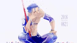  1boy abs aohiro blue_hair bodypaint bracelet confetti crescent crescent_necklace crossed_legs cu_chulainn_(fate) cu_chulainn_(fate/stay_night) cu_chulainn_(second_ascension)_(fate) dated detached_sleeves fate/grand_order fate/stay_night fate_(series) gae_bolg_(fate) grin happy_birthday highres jewelry looking_to_the_side male_focus necklace official_alternate_costume pants polearm red_eyes short_hair simple_background sitting skin_tight smile solo spear spiked_hair strap topless_male weapon white_background 