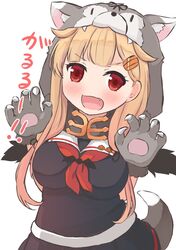  animal_hands black_ribbon black_scarf black_serafuku black_skirt blonde_hair breasts commentary_request cowboy_shot female gloves hair_flaps hair_ornament hair_ribbon hairclip kantai_collection long_hair looking_at_viewer medium_breasts neckerchief oerba_yun_fang paw_gloves pleated_skirt poipoi_purin red_eyes red_neckerchief ribbon scarf school_uniform serafuku simple_background skirt solo tail white_background wolf_hood wolf_tail yuudachi_(halloween_mode)_(kancolle) yuudachi_(kancolle) yuudachi_kai_ni_(kancolle) 