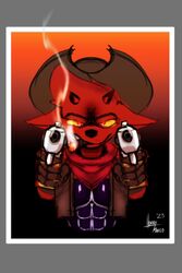  abs aiming_at_viewer anthro cigar clothing cowboy cowboy_hat demon dual_wielding fur gremile_&#039;hotshot&#039; gun handgun hat headgear headwear hi_res holding_object holding_weapon horn horny_marco imp kerchief kings_of_hell male neckerchief pistol ranged_weapon red_body red_fur smoke smoking solo weapon 