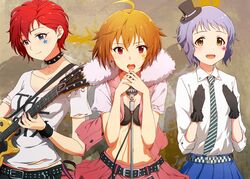  3girls :d ahoge ayano_yuu_(sonma_1426) bandeau belt black_bandeau black_gloves black_headwear blue_eyes blue_skirt bob_cut breasts brown_eyes brown_hair cleavage collared_shirt cowboy_shot cropped_jacket dot_nose facial_mark fur-trimmed_jacket fur_trim gloves green_necktie guitar hair_between_eyes hands_up hat highres holding holding_instrument ibuki_tsubasa idolmaster idolmaster_million_live! instrument jacket julia_(idolmaster) looking_at_viewer looking_down makabe_mizuki medium_breasts microphone microphone_stand mini_hat mini_top_hat multiple_girls music necktie open_clothes open_jacket open_mouth own_hands_together parted_hair pink_jacket pink_skirt playing_instrument pleated_skirt purple_hair raised_eyebrows red_eyes red_hair shirt short_bangs short_hair sidelocks skirt small_breasts smile star_(symbol) star_facial_mark sticker_on_face straight-on striped_necktie studded_belt t-shirt teeth top_hat torn_clothes torn_shirt upper_teeth_only white_shirt 