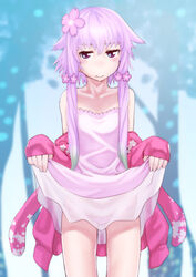  blush closed_mouth clothes_lift dress dress_lift female hair_ornament highres lifting_own_clothes looking_at_viewer panties purple_eyes purple_hair see-through short_hair_with_long_locks sidelocks smile solo soon_(c-u-soon) underwear vocaloid voiceroid yuzuki_yukari yuzuki_yukari_(onn) 