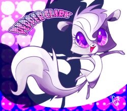  2013 blush caramelswirlbrony english_text eyelashes female feral fingers fluffy fluffy_tail fur grey_body grey_fur hair hasbro littlest_pet_shop littlest_pet_shop_(2012) mammal mephitid open_mouth open_smile pepper_clark purple_eyes signature skunk smile solo tail text white_body white_fur white_hair 