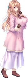  amakano_2 blonde_hair blush braid breasts brown_footwear brown_gloves coat female french_braid full_body fur_trim gloves highres large_breasts long_hair long_skirt long_sleeves official_art pink_coat piromizu purple_eyes skirt solo standing tachi-e transparent_background tsutamachi_chitose 