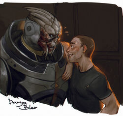  alien arm_on_shoulder armor bioware black_sclera blue_eyes bodypaint clothing commander_shepard daryabler duo electronic_arts eye_contact face_paint facial_scar garrus_vakarian grin hi_res human looking_at_another male male/male mammal mass_effect scar shirt size_difference smaller_human smile t-shirt topwear turian 