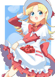  :d absurdres apple ashita_no_nadja back_bow blonde_hair blue_background blue_eyes bow bowtie brooch commentary dress female food fruit hand_on_headwear hat hat_ribbon heart heart_brooch highres jewelry layered_sleeves long_hair long_sleeves looking_at_viewer medium_dress nadja_applefield open_mouth outline outside_border parted_bangs porkpie_hat red_bow red_bowtie red_dress red_ribbon ribbon short_over_long_sleeves short_sleeves skirt_basket smile solo standing toon_(noin) white_dress white_outline 