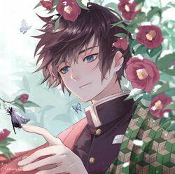  1boy antweiyi artist_name black_hair black_jacket blue_eyes bug butterfly camellia closed_mouth collared_jacket demon_slayer_uniform flower flying hair_between_eyes hand_up haori jacket japanese_clothes kimetsu_no_yaiba light_smile looking_at_another male_focus md5_mismatch outdoors resolution_mismatch short_hair signature snowing solo source_smaller tomioka_giyuu tsurime upper_body 